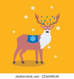 Christmas Reindeer with garlands and beard snowflakes funny new year character flat kids illustration 