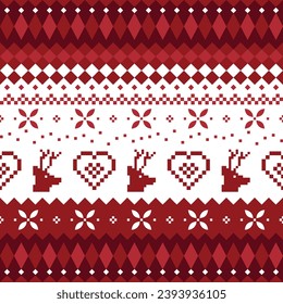 Christmas reindeer geometric seamless pattern. Red and white pixel pattern with nordic style for winter textile and wrapping paper, geometric christmas elements seamless striped pattern background