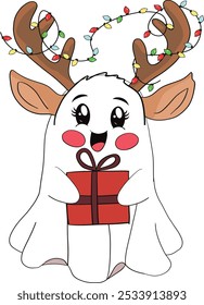 Christmas reindeer ghost with gift. Art and Illustration