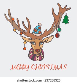 Christmas reindeer with gift and a sweater in the New Year. On the horns hanging Christmas decorations. Festive vector with a deer.