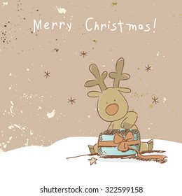 Christmas reindeer with gifts, merry Christmas greeting card. Doodle style vector illustration. 