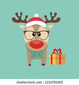 Christmas reindeer with glasses, bowtie and Christmas hat accompanied by a gift