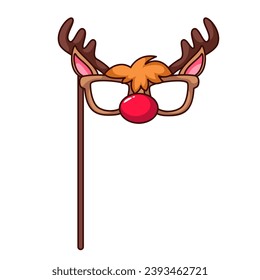 Christmas reindeer glasses vector illustration. Cartoon isolated retro funny deer mask with nose, ears and antlers for Christmas party, birthday or wedding costume decoration for selfie and gift