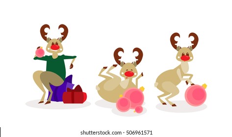 Christmas Reindeer Group Isolated Happy New Year Celebration Cartoon Characters Flat Vector Illustration