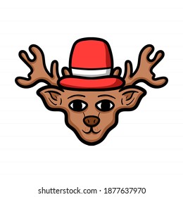 Christmas Reindeer with christmas hat. Vector Cartoon character on isolated background. Winter vibes. Christmas gift. Christmas illustration.