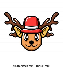 Christmas Reindeer with Christmas hat. Vector Cartoon character on isolated background. Winter vibes. Christmas gift. Christmas illustration.