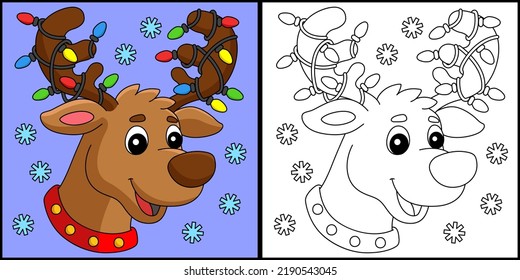 Christmas Reindeer Head Coloring Page Illustration