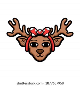 Christmas Reindeer with Christmas headband. Vector Cartoon character on isolated background. Winter vibes. Christmas gift. Christmas illustration.
