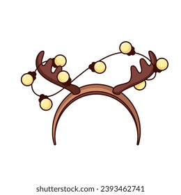 Christmas reindeer headband vector illustration. Cartoon isolated retro funny deer antlers on band for head with garland of light bulbs, festive headband on Xmas sticker and photo booth props