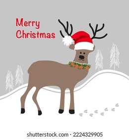 Christmas Card with Reindeer, Snow, Pine-trees, Hills. Nordic Nature Landscape Concept. Perfect for Kids Fabric, Card, Banner,  Textile, Wallpaper. Vector illustration