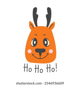 Christmas Reindeer with Ho-Ho-Ho Quote. Whimsical New year animal head with handwritten text. Flat style vector illustration