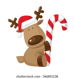 Christmas reindeer holding candy cane. Cartoon character