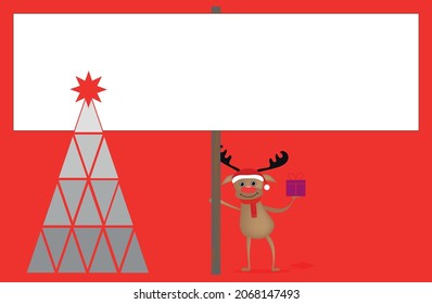 Christmas reindeer holding a sign for text with abstract christmas tree. Reindeer with Christmas present. Greeting card Template