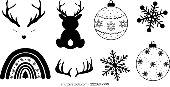 Christmas Reindeer horns mountains rainbow silhouettes vector illustration	