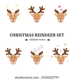 Christmas reindeer icon set with six characters in different moods. Winter season, Xmas, celebration flat graphic design elements for greeting cards. Editable EPS vector. 