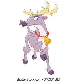 Christmas reindeer with jingle bell. Cartoon character isolated on white background. Colorful design for kids activity book, coloring page, colouring picture. Vector illustration for children.