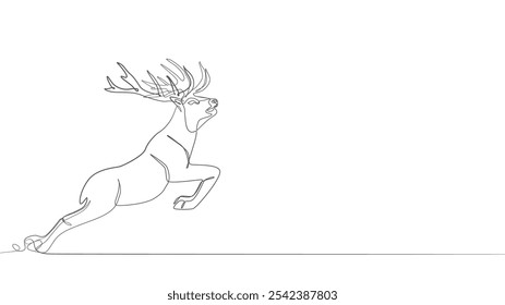 Christmas reindeer jumping one line art, deer with Continuous one line drawing, Christmas or New Year decoration, Contour sketch of reindeer. Forest wild deer in single line minimalist abstract style