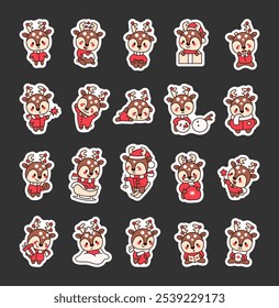 Christmas reindeer kawaii cute cartoon characters with holiday winter decorations and joyful festive gifts for kids illustrations