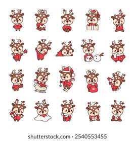 Christmas reindeer kawaii cute cartoon characters with holiday winter decorations and joyful festive gifts for kids illustrations