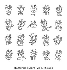 Christmas reindeer kawaii cute cartoon characters with holiday winter decorations and joyful festive gifts for kids illustrations