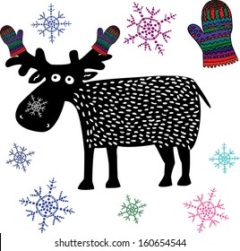 Christmas reindeer with knitted gloves and snowflakes. Hand drawn illustration. 