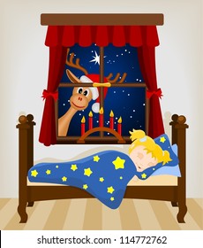 christmas reindeer looking through window at sleeping baby - vector illustration