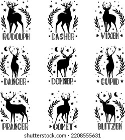 Christmas reindeer names vector illustrations set