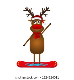 Christmas reindeer on a snowboard on a white background