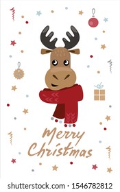 Christmas reindeer on a write background. Hand drawn text: Merry Christmas.