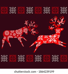 Christmas reindeer with painted snowflakes. Seamless pattern. Happy holiday! Vector illustration for web design or print.