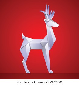 Christmas reindeer paper origami isolated on red background. vector illustration.