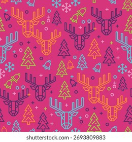 Christmas Reindeer Pattern Vector. Seamless Nordic Geometric Pattern Background with Abstract Reindeer, Spruce Trees, and Snowflakes.