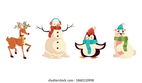 christmas reindeer penguin bear and snowman characters icons vector illustration