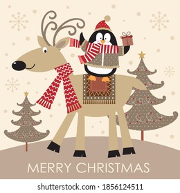 Christmas reindeer and penguin for greeting card and gift bag or box
