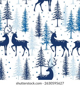 Natal rena e pinheiro padrão sem costura com cena nevada, azul monocromático- Natal rena e pinheiro Ilustração do vetor