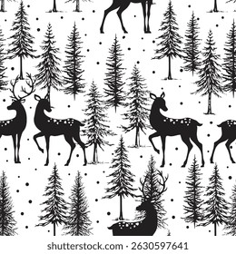 Christmas Reindeer and Pine tree Seamless Pattern with Snowy Scene, Black and White Print- Christmas Reindeer and Pine tree Vector Illustration