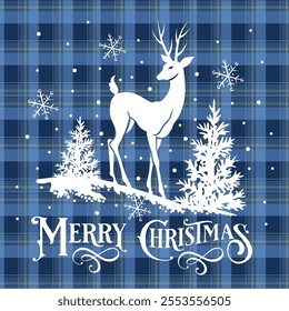 Christmas Reindeer with Pine tree and Snowflakes. Merry Christmas Text and Blue Plaid Pattern. Christmas solid white Vector Illustration