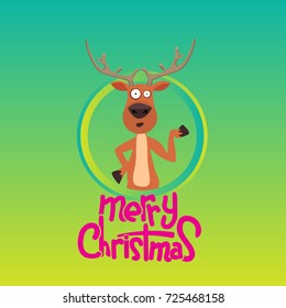 Christmas reindeer pointing at something in a circle. Merry christmas calligraphy. Vector Illustration