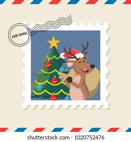 Christmas reindeer postage stamp on air mail envelope