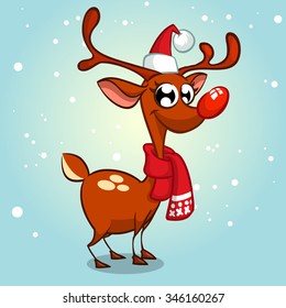 Christmas reindeer  red nose in Santa Claus hat vector illustration on snowy background