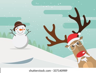 Christmas reindeer red nose and snowman in winter landscape. Vector Illustration 