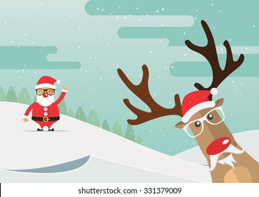 Christmas reindeer red nose with winter landscape. Vector Illustration.