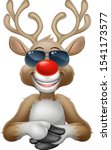 Christmas reindeer red nosed deer cartoon character wearing cool shades or sunglasses