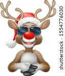 Christmas reindeer red nosed deer cartoon character wearing cool shades or sunglasses and a Santa Claus hat