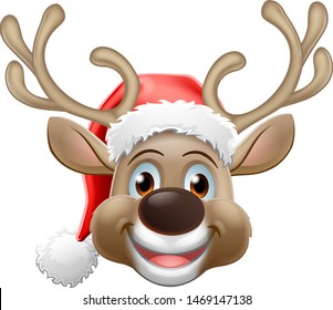 Christmas Reindeer Red Nosed Deer Cartoon Character Wearing A Santa Claus Hat