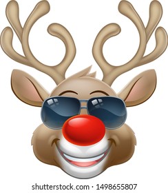 Christmas Reindeer Red Nosed Deer Cartoon Character Wearing Cool Shades Or Sunglasses