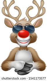 Christmas reindeer red nosed deer cartoon character wearing cool shades or sunglasses