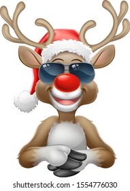 Christmas reindeer red nosed deer cartoon character wearing cool shades or sunglasses and a Santa Claus hat