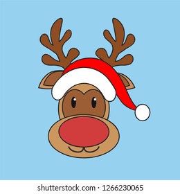 Christmas reindeer in red Santa Claus hat on blue background, stock vector illustration