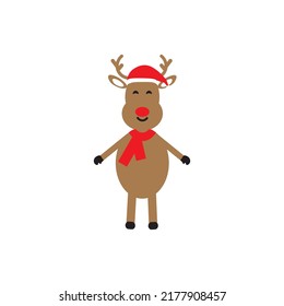 Christmas reindeer with red santa hat and scarf. Merry Christmas and Happy New Year concept for greeting cards, posters, prints.